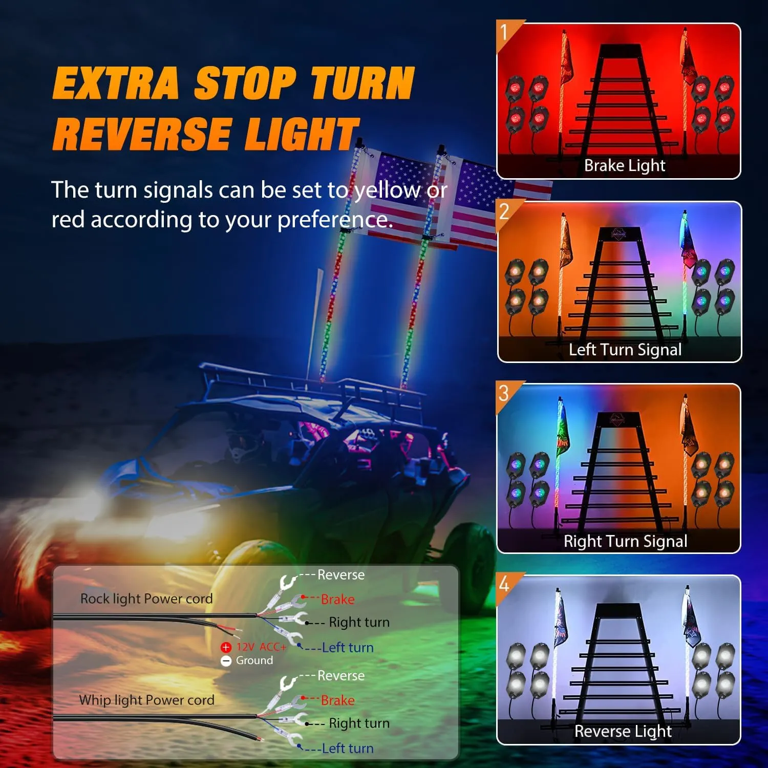 2Pcs 3FT Spiral Antenna Bluetooth Remote App Control Led Whip Light | 8Pcs RGB Rock Lights | Wire 5Pin Switch Kits