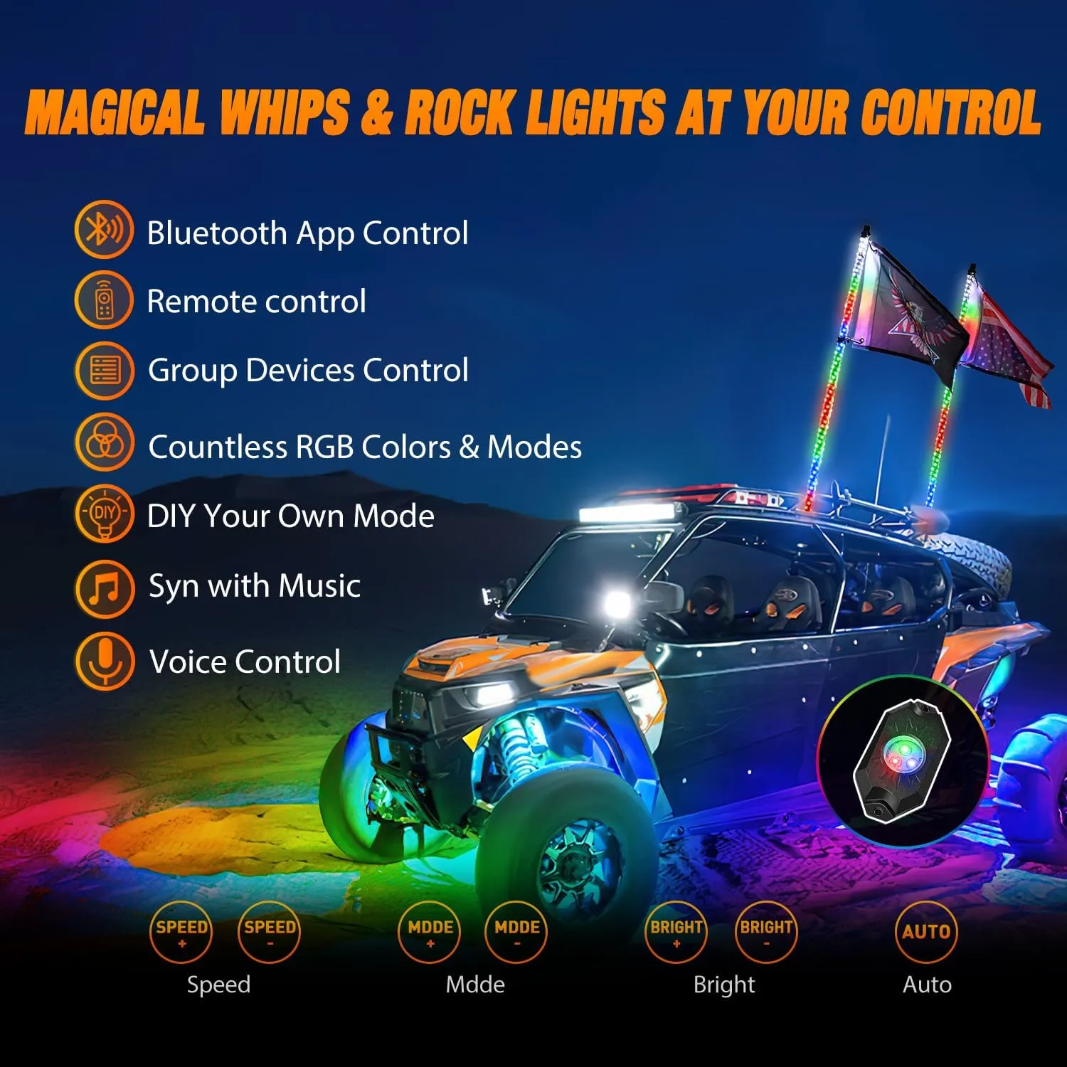 2Pcs 3FT Spiral Antenna Bluetooth Remote App Control Led Whip Light | 8Pcs RGB Rock Lights | Wire 5Pin Switch Kits
