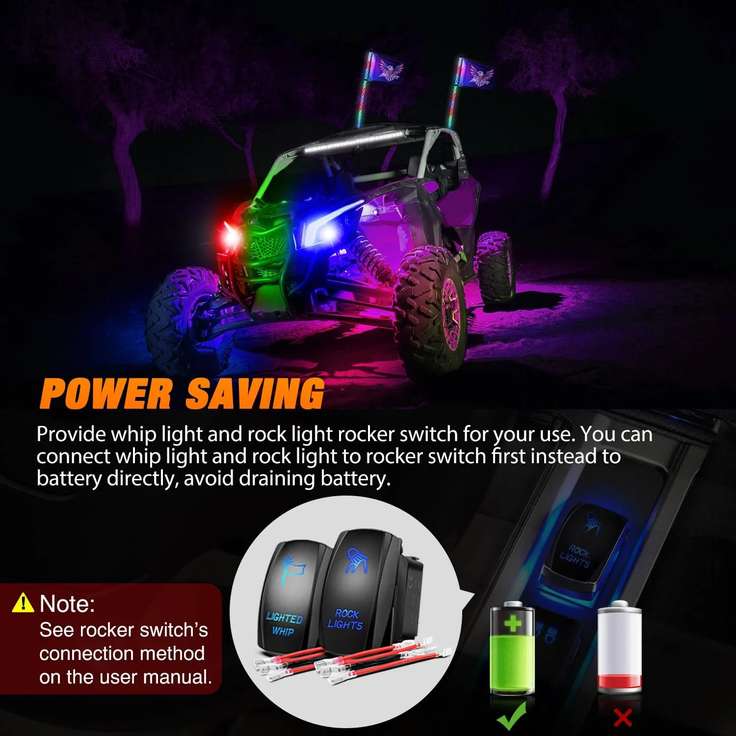 2Pcs 3FT Spiral Antenna Bluetooth Remote App Control Led Whip Light | 8Pcs RGB Rock Lights | Wire 5Pin Switch Kits