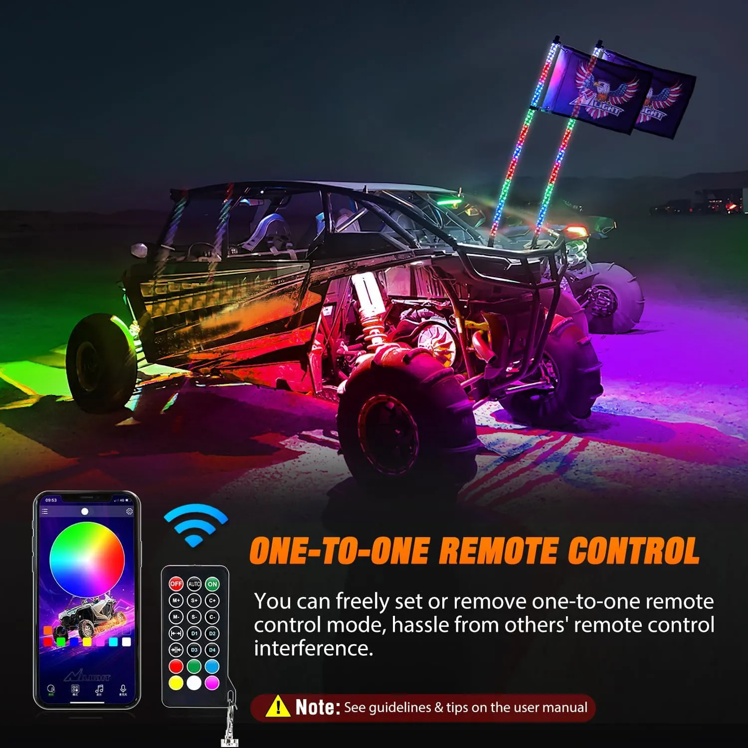 2Pcs 3FT Spiral Antenna Bluetooth Remote App Control Led Whip Light | 8Pcs RGB Rock Lights | Wire 5Pin Switch Kits