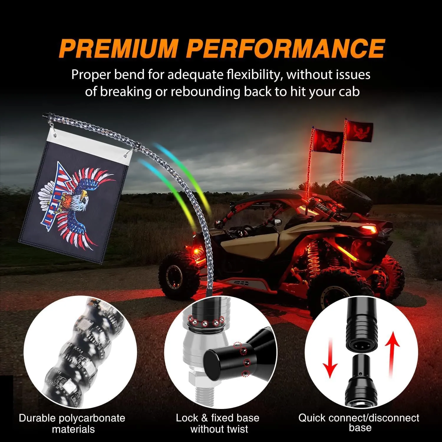 2Pcs 3FT Spiral Antenna Bluetooth Remote App Control Led Whip Light | 8Pcs RGB Rock Lights | Wire 5Pin Switch Kits