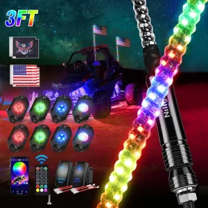 2Pcs 3FT Spiral Antenna Bluetooth Remote App Control Led Whip Light | 8Pcs RGB Rock Lights | Wire 5Pin Switch Kits