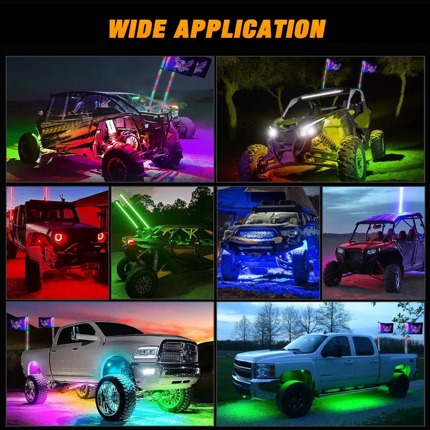 2Pcs 3FT Spiral Antenna Bluetooth Remote App Control Led Whip Light | 8Pcs RGB Rock Lights | Wire 5Pin Switch Kits