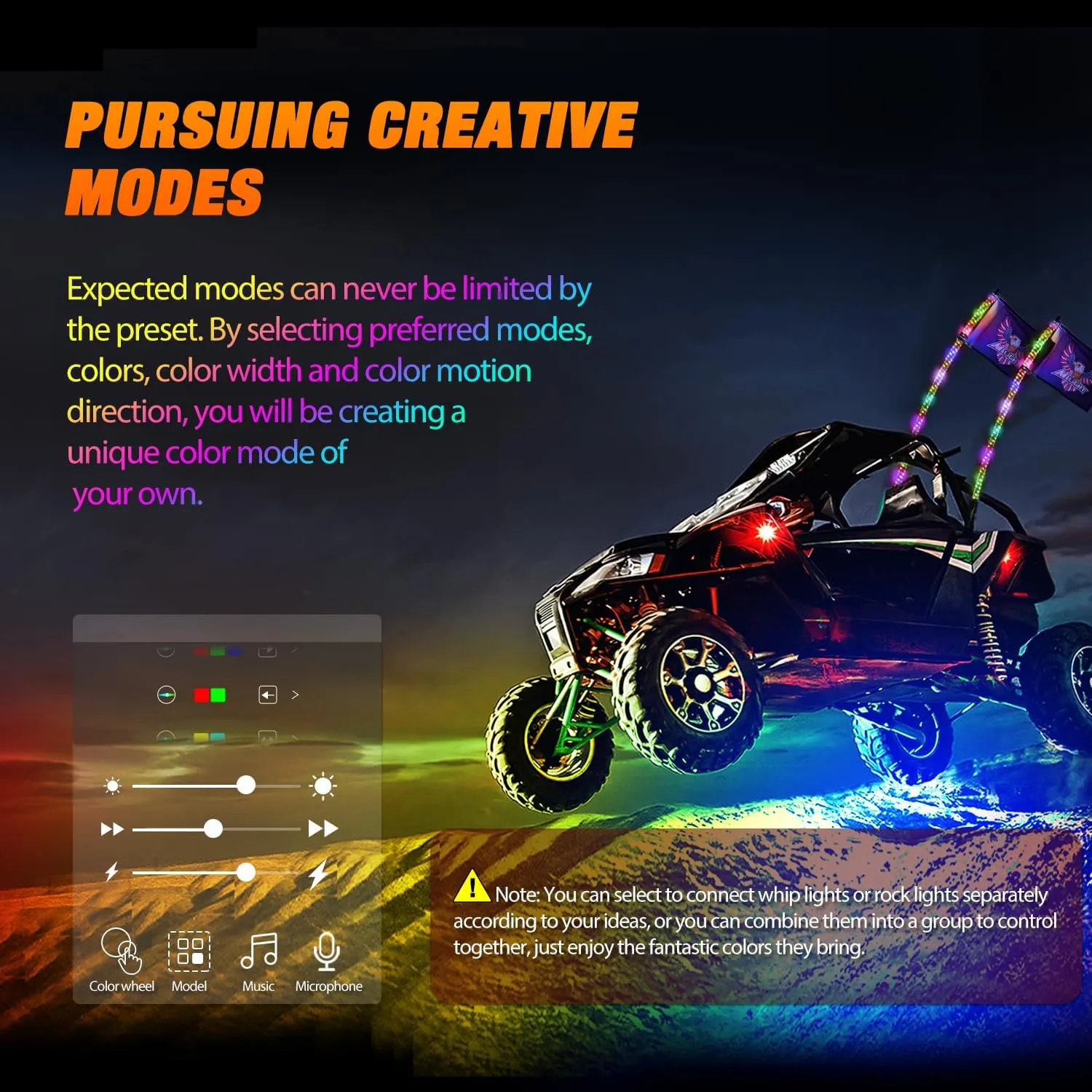 2Pcs 3FT Spiral Antenna Bluetooth Remote App Control Led Whip Light | 8Pcs RGB Rock Lights | Wire 5Pin Switch Kits