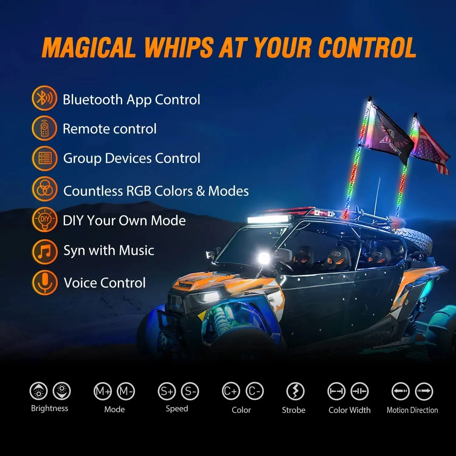 2Pcs 6FT Spiral Antenna Bluetooth Remote App Control Led Whip Light | 10FT Wire 5Pin Switch