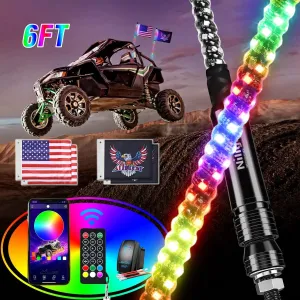2Pcs 6FT Spiral Antenna Bluetooth Remote App Control Led Whip Light | 10FT Wire 5Pin Switch