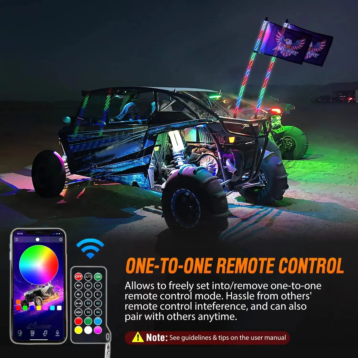 2Pcs 6FT Spiral Antenna Bluetooth Remote App Control Led Whip Light | 10FT Wire 5Pin Switch