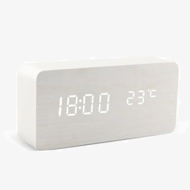 Alarm Clock LED Wooden Watch Table Voice Control