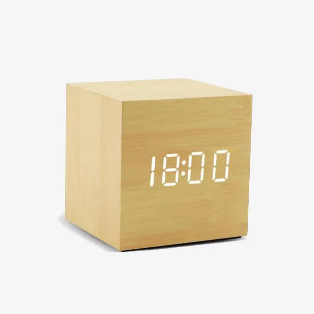 Alarm Clock LED Wooden Watch Table Voice Control