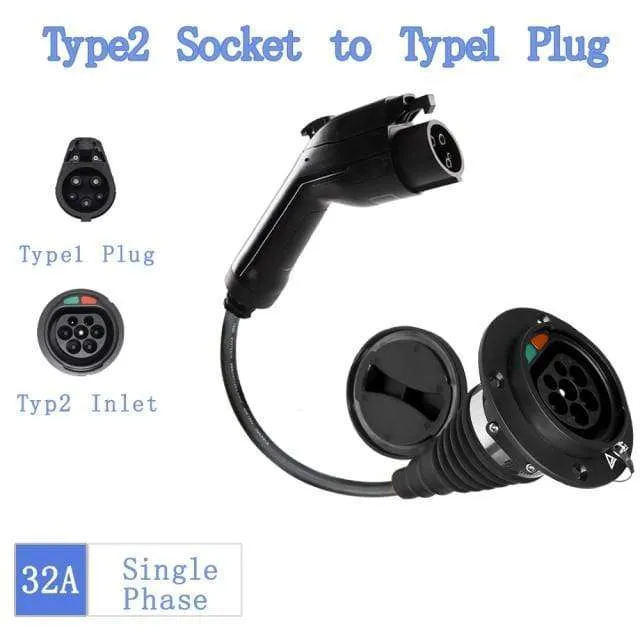 Car EV Charging Cable J1772 Type 2 Socket to Type 1 Inlet Ev Charger Electric Vehicle Adapter 32A 1P With Cable For Audi,BMW..