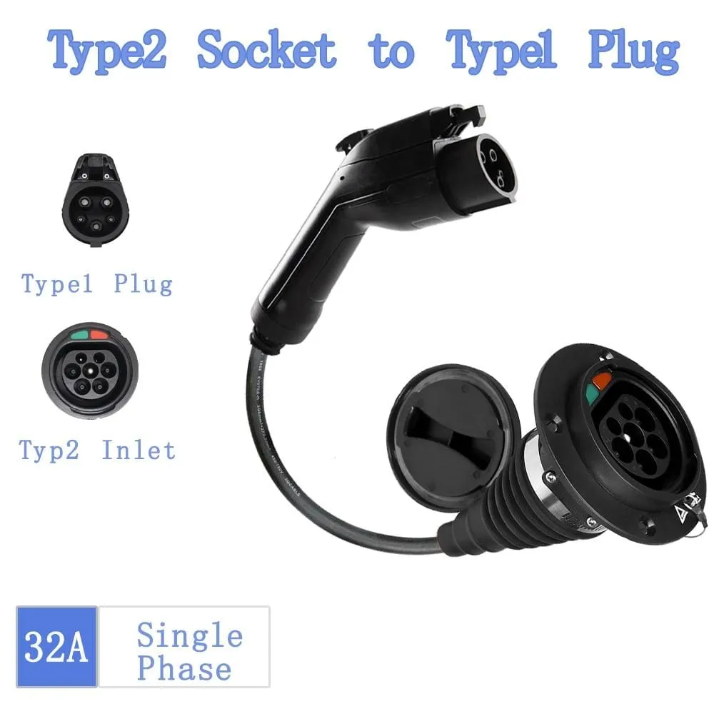 Car EV Charging Cable J1772 Type 2 Socket to Type 1 Inlet Ev Charger Electric Vehicle Adapter 32A 1P With Cable For Audi,BMW..
