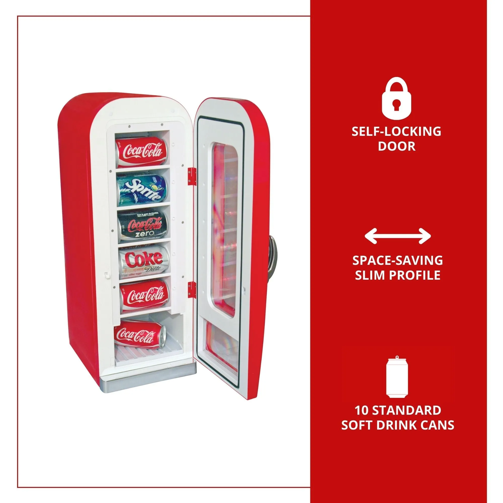Coca-Cola Vending Machine Mini Fridge w/ 12V DC 110V AC Cords, 10 Can Cooler w/ Display Window and Push-Button Vending Action, Red, Unique Portable Beverage Fridge for Soft Drink Cans