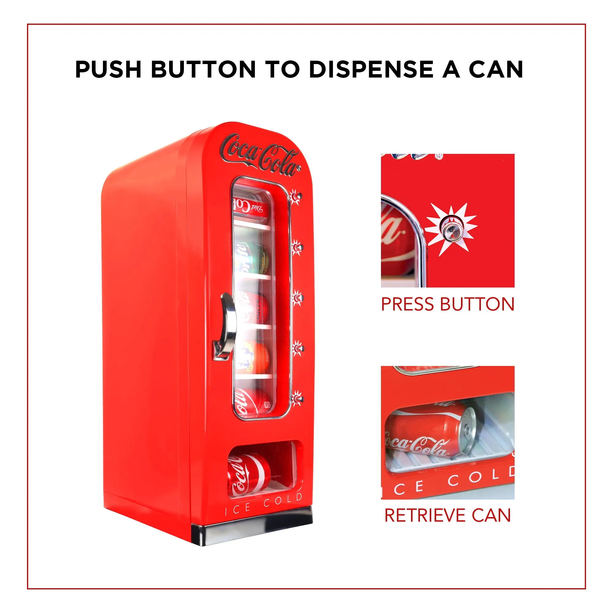 Coca-Cola Vending Machine Mini Fridge w/ 12V DC 110V AC Cords, 10 Can Cooler w/ Display Window and Push-Button Vending Action, Red, Unique Portable Beverage Fridge for Soft Drink Cans