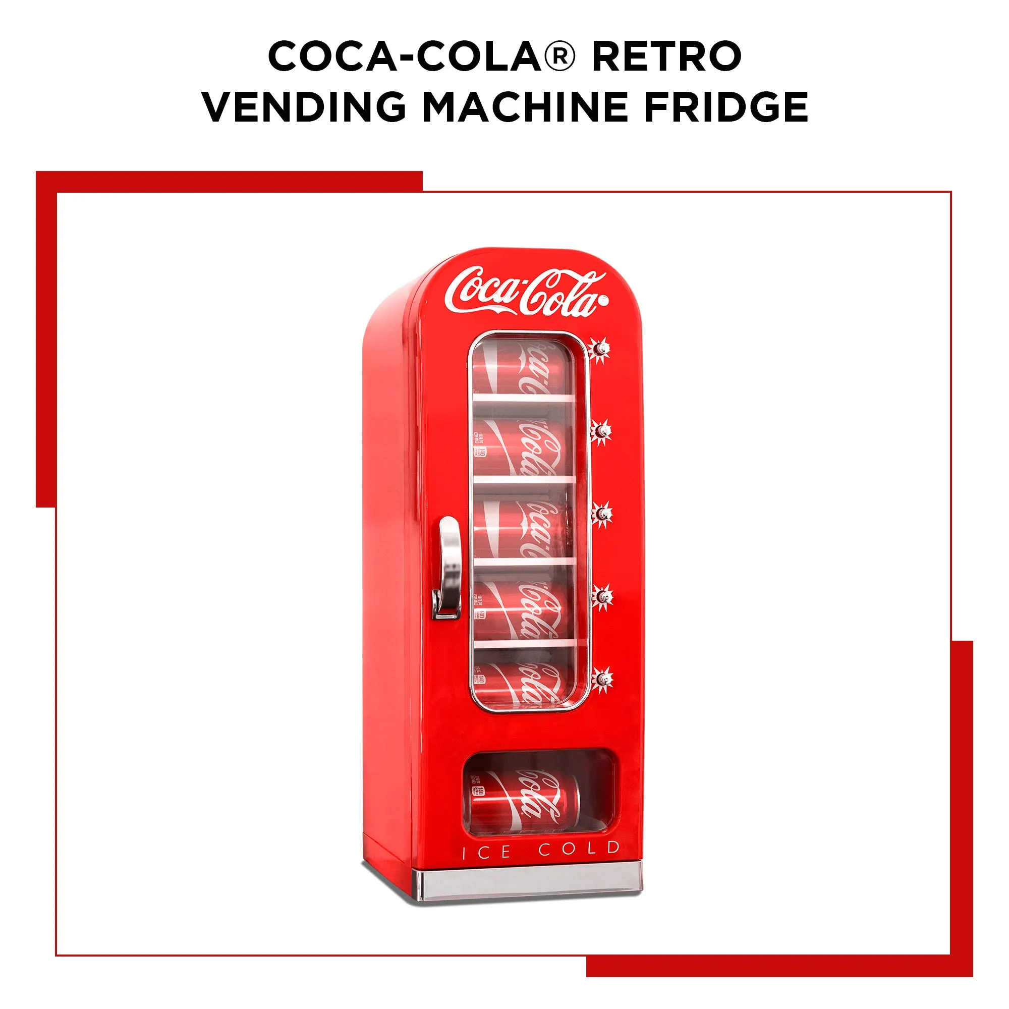 Coca-Cola Vending Machine Mini Fridge w/ 12V DC 110V AC Cords, 10 Can Cooler w/ Display Window and Push-Button Vending Action, Red, Unique Portable Beverage Fridge for Soft Drink Cans