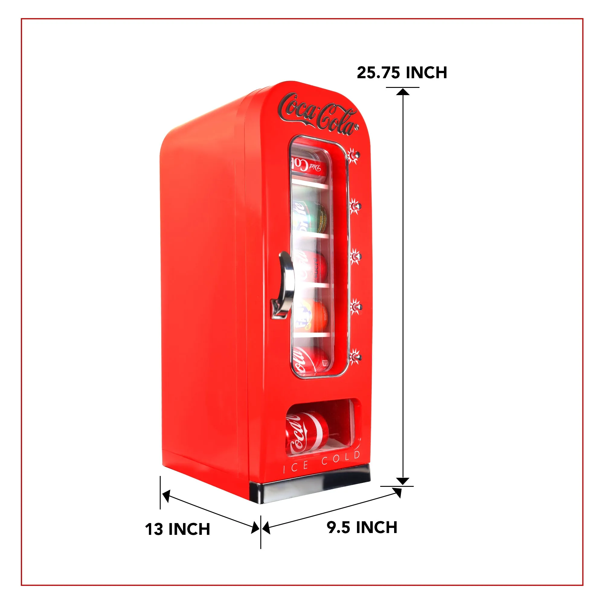 Coca-Cola Vending Machine Mini Fridge w/ 12V DC 110V AC Cords, 10 Can Cooler w/ Display Window and Push-Button Vending Action, Red, Unique Portable Beverage Fridge for Soft Drink Cans