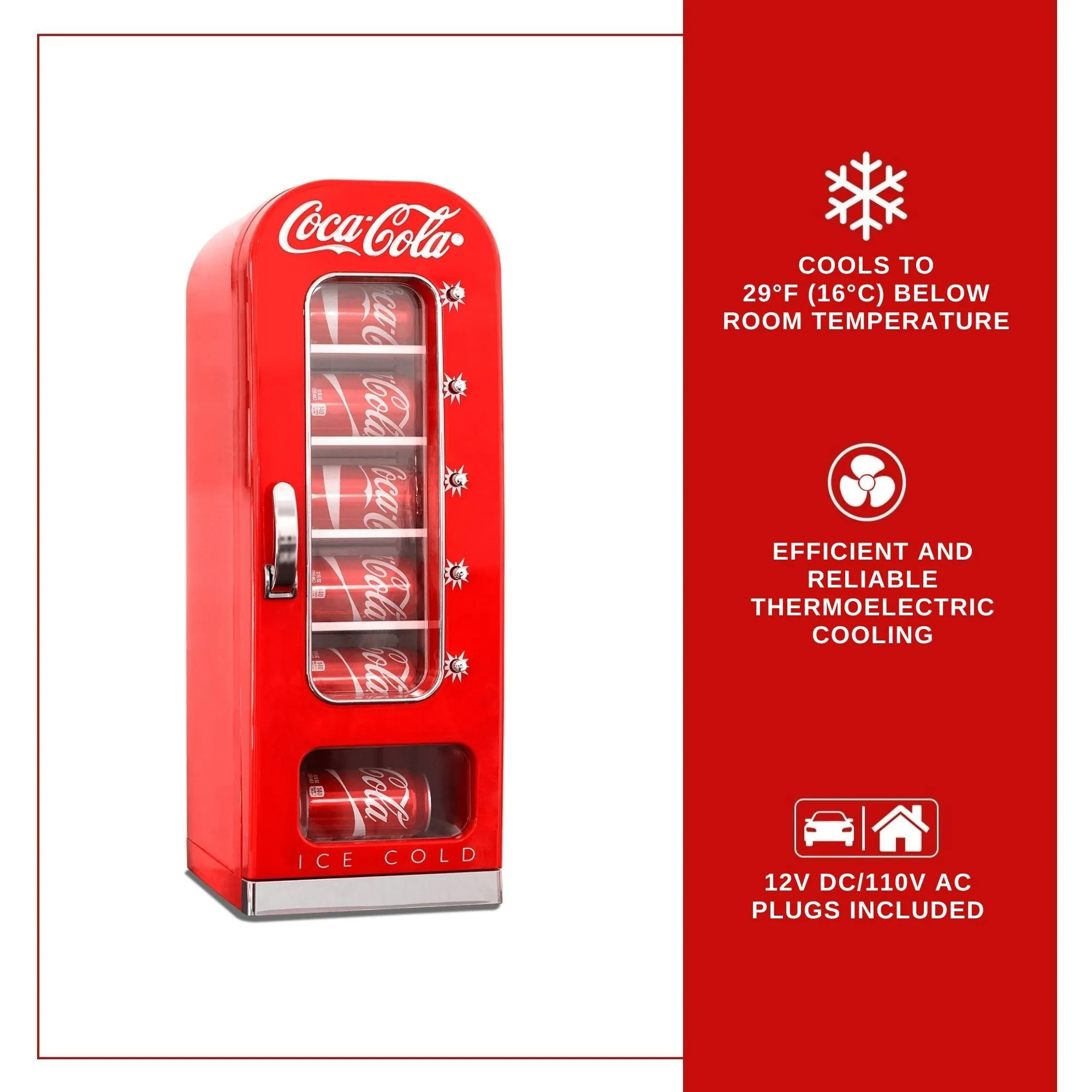 Coca-Cola Vending Machine Mini Fridge w/ 12V DC 110V AC Cords, 10 Can Cooler w/ Display Window and Push-Button Vending Action, Red, Unique Portable Beverage Fridge for Soft Drink Cans
