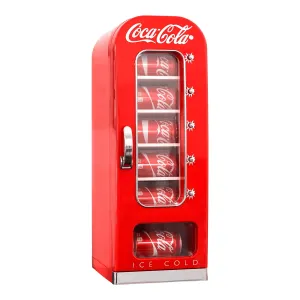 Coca-Cola Vending Machine Mini Fridge w/ 12V DC 110V AC Cords, 10 Can Cooler w/ Display Window and Push-Button Vending Action, Red, Unique Portable Beverage Fridge for Soft Drink Cans