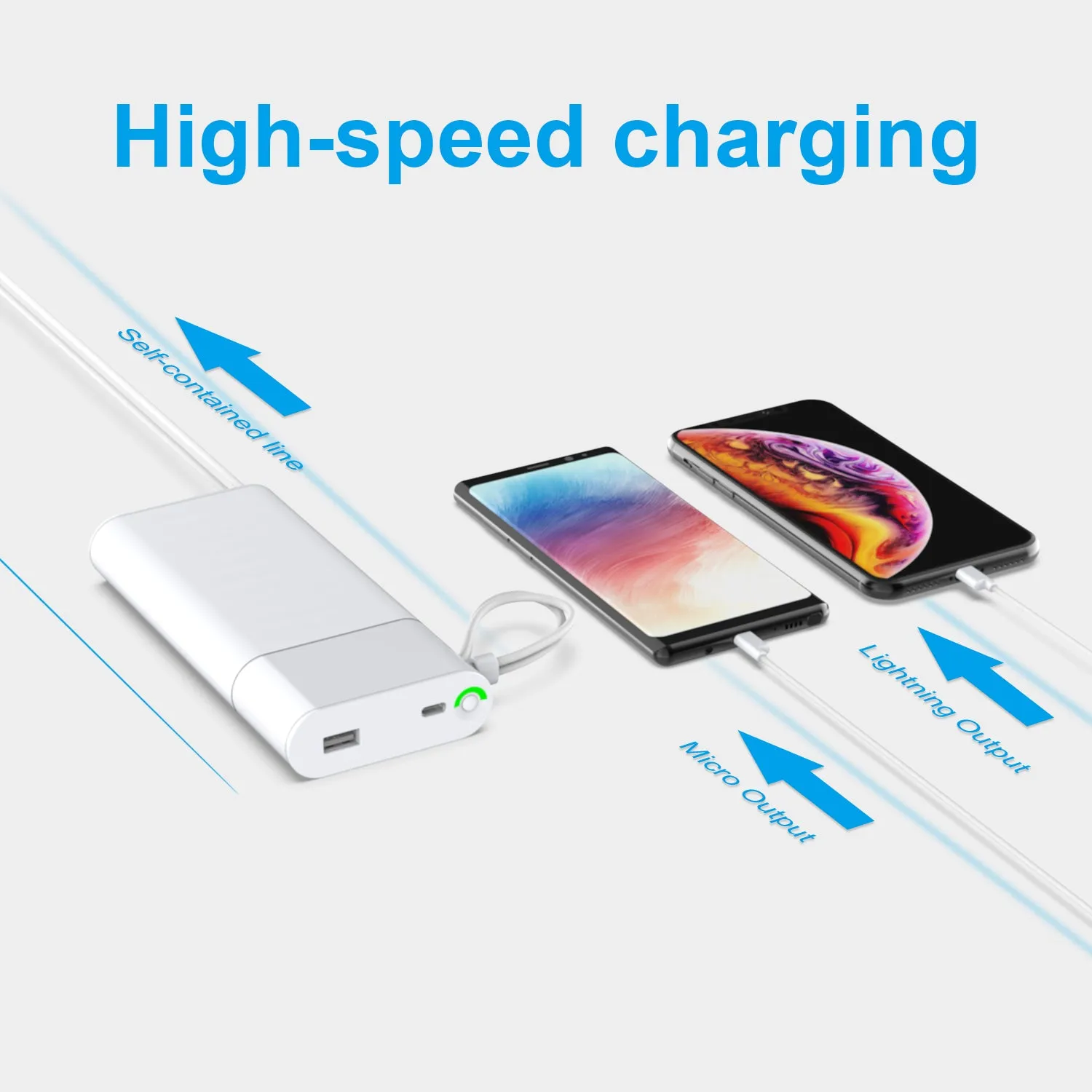 Fast charging Power Bank 20000mah with PD 18W and QC3.0 Quick charger built-in extandable 2 charging cables  total 28.5W Max PB165