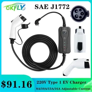 GKFLY 220V Type 1 Portable EV Charger SAE J1772 Level 1 8A 10A 13A 16A Car Charging Stations Smart AC Electric Car Charger