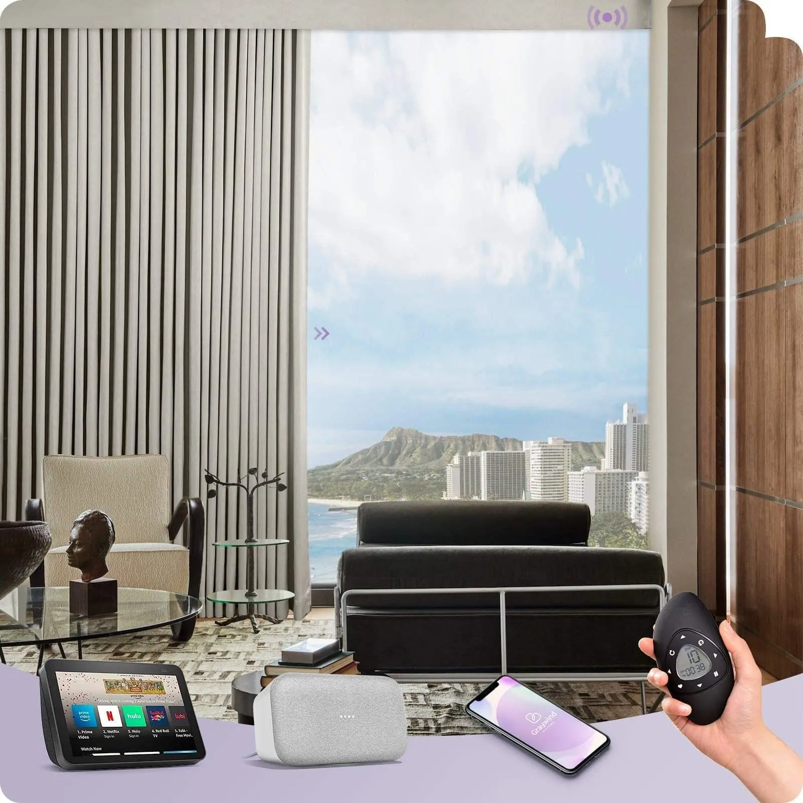 Graywind Rechargeable Smart Curtain | Light Filtering- Satin Series | 40"-220" W