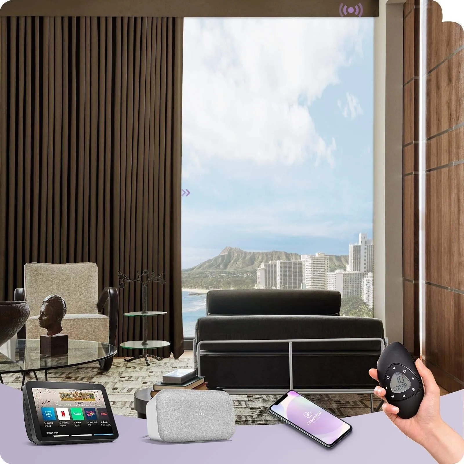 Graywind Rechargeable Smart Curtain | Light Filtering- Satin Series | 40"-220" W