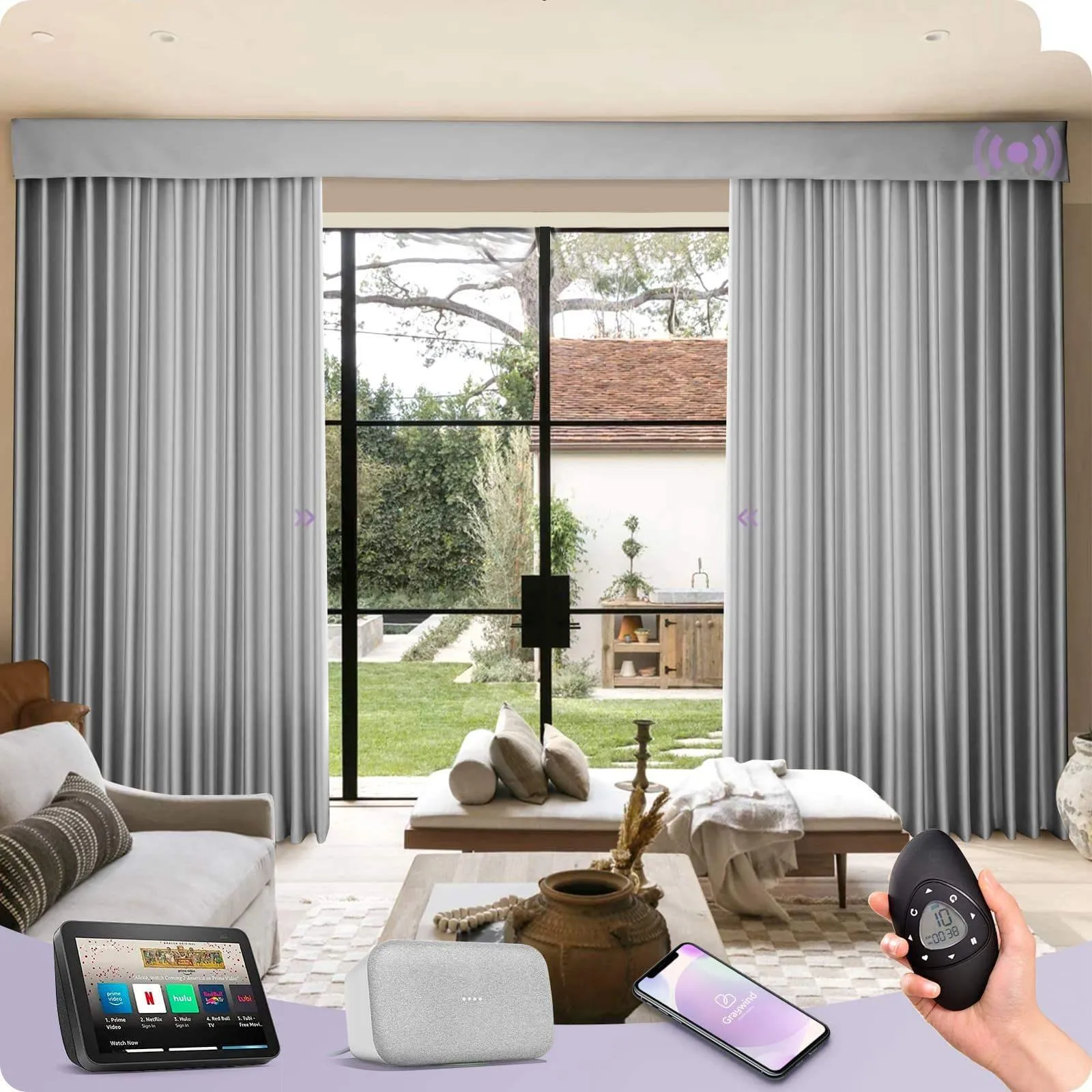 Graywind Rechargeable Smart Curtain | Light Filtering- Satin Series | 40"-220" W