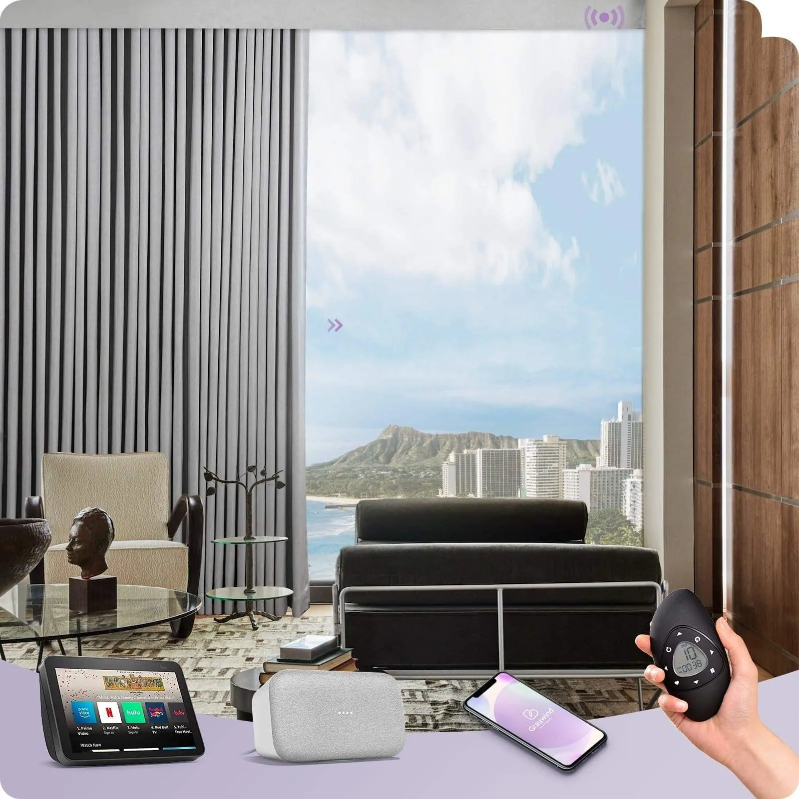 Graywind Rechargeable Smart Curtain | Light Filtering- Satin Series | 40"-220" W