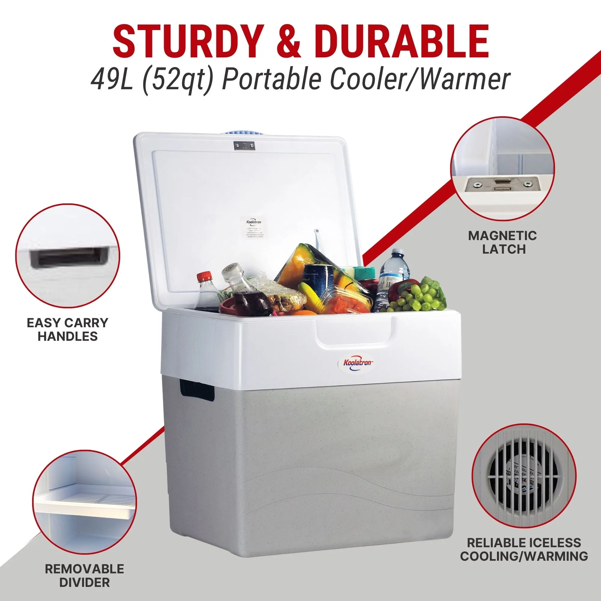Koolatron 12V Electric Cooler/Warmer, 49L (52qt) XL Thermoelectric Car Fridge, Two-Way Design, 12 Volt DC Connection, Plug In Iceless Portable Refrigerator, For Work Travel Vehicle Truck RV, Gray