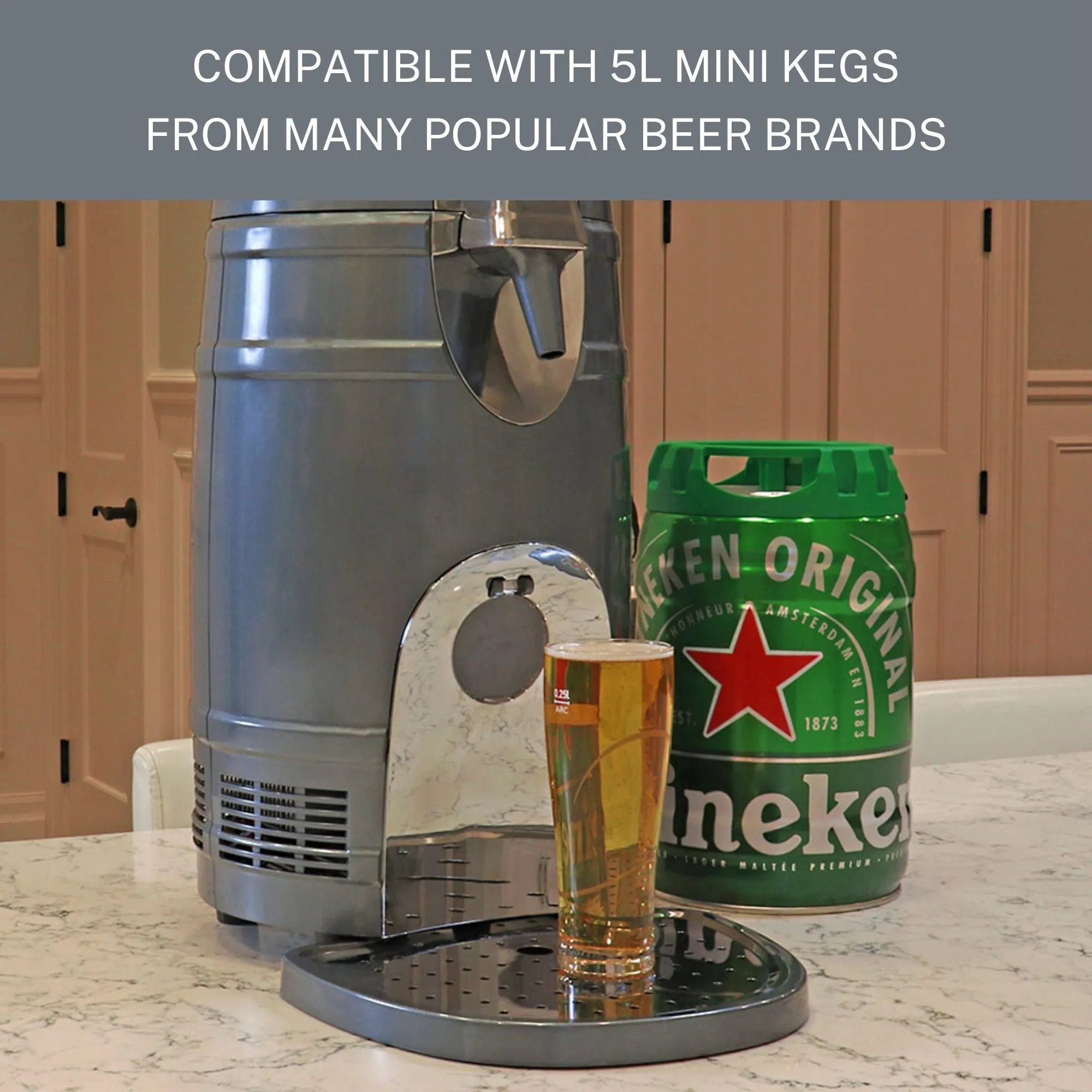 Koolatron 5L Mini Keg Beer Cooler w/ Dual Taps, Universal Design Fits Gravity-Dispensing and Pressurized Kegs, Includes 110 Volt and 12 Volt Power Cords, for Home, Cottage, RV, Camping, BBQs, and More