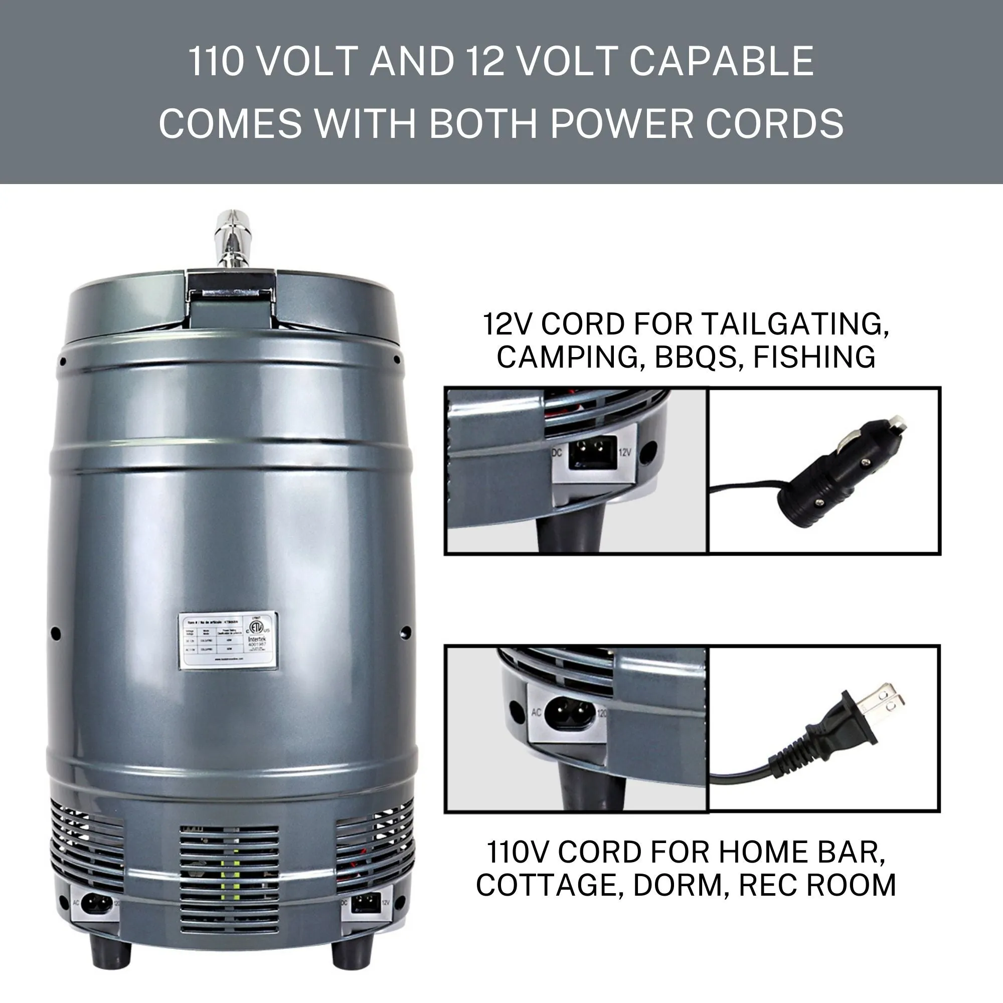 Koolatron 5L Mini Keg Beer Cooler w/ Dual Taps, Universal Design Fits Gravity-Dispensing and Pressurized Kegs, Includes 110 Volt and 12 Volt Power Cords, for Home, Cottage, RV, Camping, BBQs, and More
