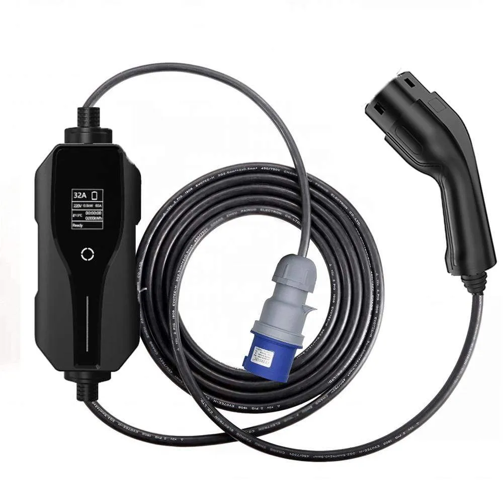 Type 2 Portable EV Charging Level 2 32 Amp Electric Vehicle Charger 7.4KW, CEE Plug 220-240V EVSE Car Charger Cable, IEC 62196-2