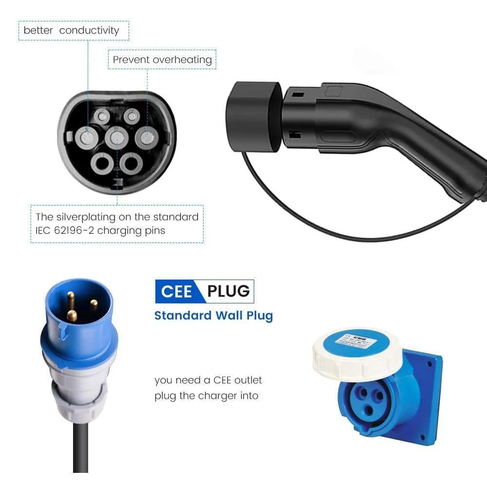 Type 2 Portable EV Charging Level 2 32 Amp Electric Vehicle Charger 7.4KW, CEE Plug 220-240V EVSE Car Charger Cable, IEC 62196-2