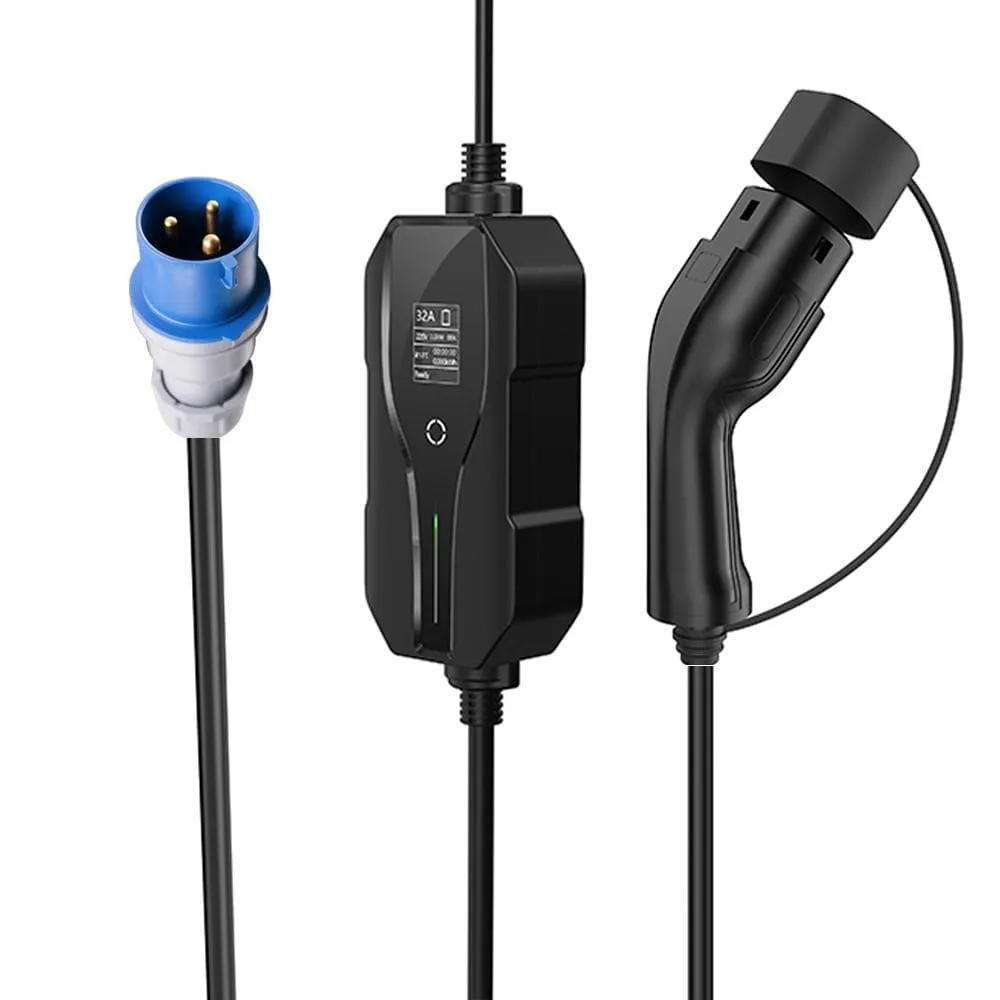 Type 2 Portable EV Charging Level 2 32 Amp Electric Vehicle Charger 7.4KW, CEE Plug 220-240V EVSE Car Charger Cable, IEC 62196-2
