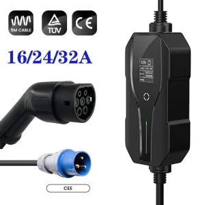 Type 2 Portable EV Charging Level 2 32 Amp Electric Vehicle Charger 7.4KW, CEE Plug 220-240V EVSE Car Charger Cable, IEC 62196-2