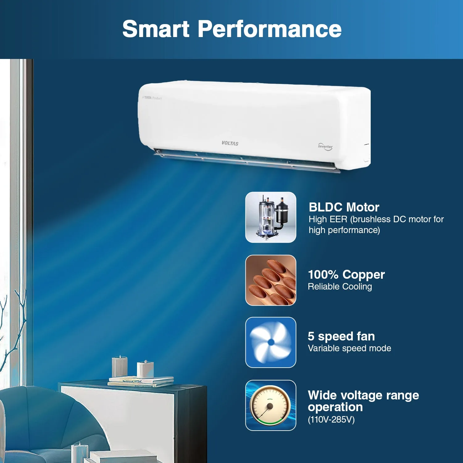 Voltas Adjustable Inverter Split AC, 1.5 Ton, 3 star - 183V Vectra Prime